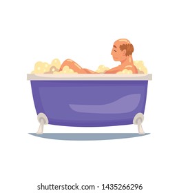 Mature Bald Man Taking Bath, Male Character Relaxing in Bathtub Full of Foam Vector Illustration