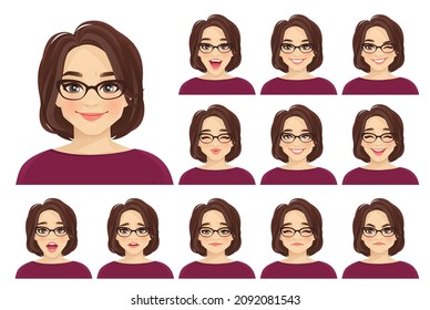 Mature beautiful woman avatar with different facial expressions wearing glasses set isolated vector illustration