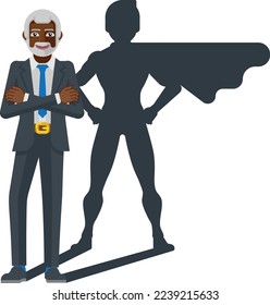 A mature black business man revealed as super hero by his superhero silhouette shadow 