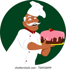 Mature black man in chef's uniform holding a cake, EPS vector illustration