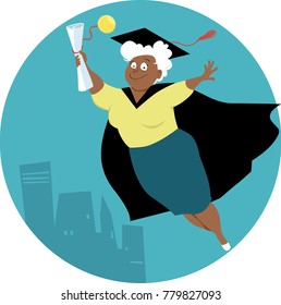 Mature black woman in a graduation cap and gown with a grade school diploma, EPS 8 vector illustration