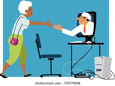 Mature black woman shaking hands with a doctor, coming out of a computer monitor, EPS 8 vector illustration