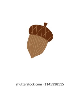 Mature brown acorn - oak nut for seasonal autumn design in flat style. Vector illustration of tree seed and animal food - fall natural decorative element isolated on white background.