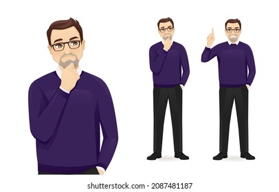 Mature business man in casual clothes thinking looking away and making idea pointing up isolated on white background vector illustration