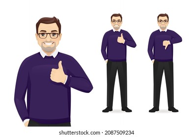 Mature business man in casual clothes gesturing thumb up and thumb down isolated vector illustration