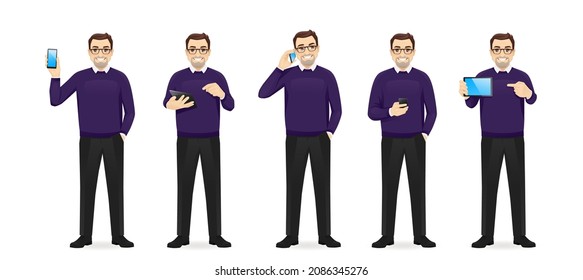 Mature business man in casual outfit with gadgets phone and tablet set isolated vector illustration