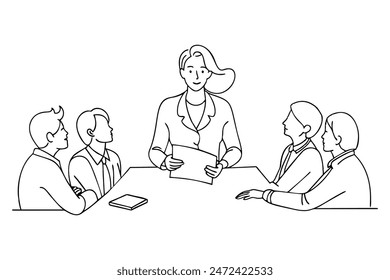 Mature business woman having a discussion with her team. Woman leading a meeting in an office One continuous single line hand drawing