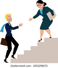 Mature Business Woman Offering A Hand To A Young Protegee, Going Upstairs, As A Metaphor For Mentorship Or Hiring, EPS 8 Vector Illustration
