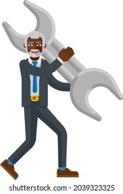A mature businessman cartoon character mascot man holding a big spanner wrench business concept 