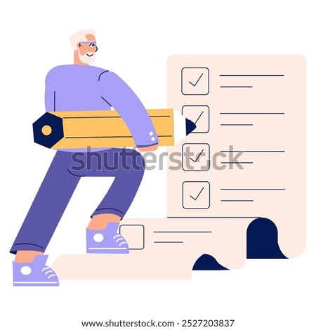 Mature businessman checking off a task list concept. An experienced professional prioritizing duties for efficiency. Vector illustration.