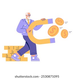 Concepto de hombre de negocios Adultos. Ejecutivo sénior que genera riqueza a través del magnetismo financiero. Atraer dinero en estrategia corporativa. Ilustración vectorial.