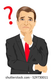 mature businessman has a question mark sign on thinking something or finding the way out