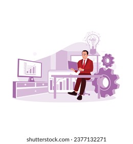 Mature businessman taking notes on a laptop and analyzing office marketing charts. Blog Creation concept. Trend Modern vector flat illustration
