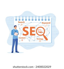 Mature businessman working in the modern office making SEO schemes in a notebook. Entrepreneurs develop business ideas via the Internet. SEO concept. trend modern vector flat illustration