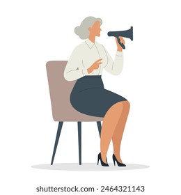 Mature businesswoman pitching her idea during a conference call, minimalist hand drawn flat vector design illustration on white background.