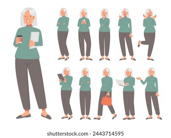 Mature businesswoman in various actions on a white background. Vector illustration in flat style