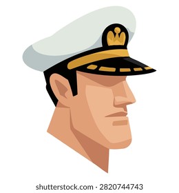 Mature captain with beard wearing white naval captain hat in side profile for sailor admiral and maritime design concepts