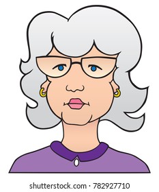 Mature cartoon lady with gray hair is looking into the distance
