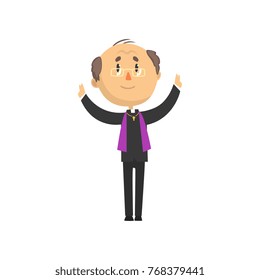 Mature catholic priest character preaching at church, catholic preacher, holy father cartoon vector illustration