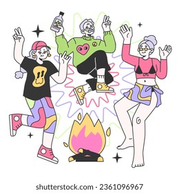 Personajes maduros bailando y bebiendo alcohol en el camping del festival cerca de la fogata. Mujer mayor y hombre haciendo una fiesta, escuchando música. Ilustración vectorial plana