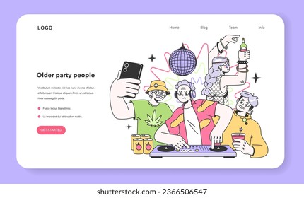 Mature characters dancing and drinking alcohol at festival campsite web banner or landing page. Senior woman and man having a party, listening to dj's music. Flat vector illustration