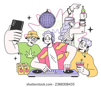 Mature characters dancing and drinking alcohol at festival campsite. Senior woman and man having a party, listening to dj's music. Flat vector illustration