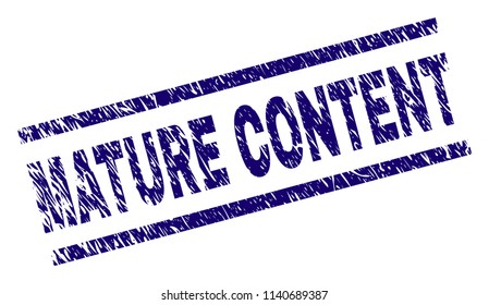 MATURE CONTENT stamp seal watermark with grunge style. Blue vector rubber print of MATURE CONTENT text with retro texture. Text title is placed between parallel lines.