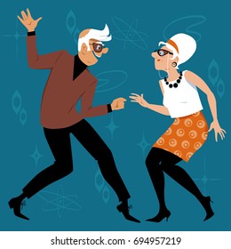 Mature couple dressed in 1960th fashion dancing the Twist, EPS 8 vector illustration