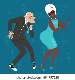 Mature couple dressed in 1960th fashion dancing the Twist, EPS 8 vector illustration