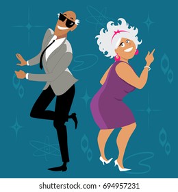 Mature couple dressed in 1960th fashion dancing the Twist, EPS 8 vector illustration