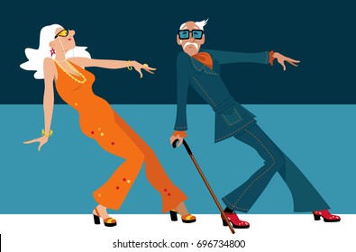 Mature Couple Dressed In 1970th Fashion Dancing A Novelty Dance, EPS 8 Vector Illustration