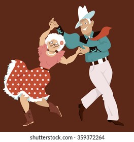 Pareja madura vestida con trajes occidentales tradicionales bailando cuadrado o contradance, ilustración vectorial EPS 8, sin transparencias