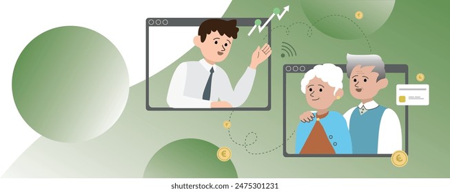 Mature couple having a video conference with a financial advisor from home. illustrating concepts related to financial planning, senior banking advice, and wealth management