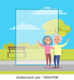 Mature couple holding children on hand, grandpa in hat and grandma with kids on background of bench and green tree in park vector with frame for text.