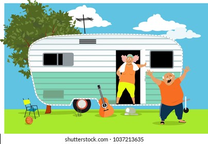 Mature couple at the mobile home early in the morning, EPS 8 vector illustration