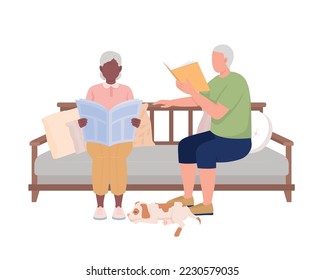 Mature couple reading on sofa semi flat color vector characters. Editable figures. Full body people on white. Leisure simple cartoon style illustration for web graphic design and animation