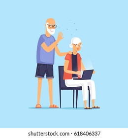 Mature couple sitting on the Internet. Vector illustration flat style.