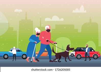 mature couple walking with dog senior man woman wearing mask to prevent coronavirus pandemic covid-19 quarantine concept cityscape background horizontal full length vector illustration