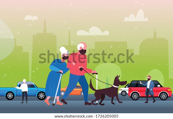 mature couple walking with dog senior man\
woman wearing mask to prevent coronavirus pandemic covid-19\
quarantine concept cityscape background horizontal full length\
vector illustration