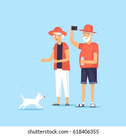 Mature couple walking a dog. Vector illustration flat style.