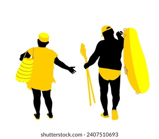 Mature couple woman and man on beach vector silhouette illustration. Senior lady sunbathing. Tourist in swimwear active life. Senior man carry row rubber boat paddles. Parents family skin care protect