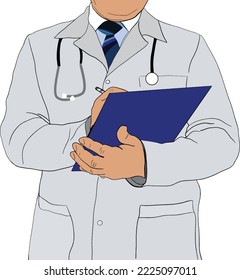 Mature doctor with clipboard and stethoscope on white background, closeup. Vector illustration