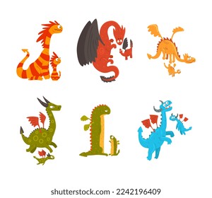 Mature Dragons and Baby Dragons as Families of Mythical Animals Vector Set