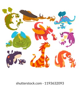 Mature dragons and baby dragons set, families of mythical animals cartoon characters vector Illustration on a white background