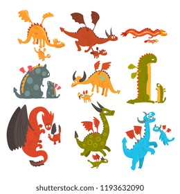 Mature dragons and small baby dragons set, loving mothers and their kids, families of mythical animals cartoon characters vector Illustration on a white background