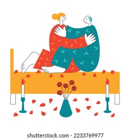 Mature elderly couple romance. Elder lovers on the bed make sex with flowers and candles. Old people dating and celebrating valentine's day. Retired active lifestyle.
