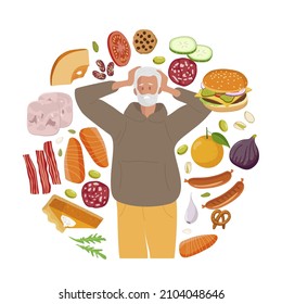 Mature elderly man holds her head with his hands surrounded by food. Man with gray hair and beard experiences difficulties of choosing healthy and unhealthy meal. Flat cartoon vector illustration.