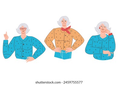 Mature elderly woman with different facial expressions such as thoughtfulness and insight from a decision made, flat vector illustration on a white background. Set of emotions of an elderly woman.