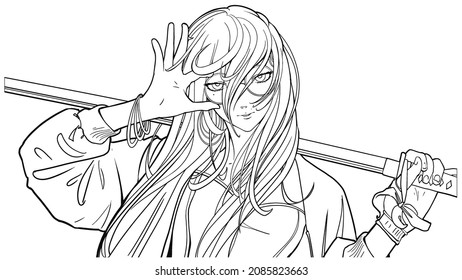 Mature Elegant Woman With Long Hair Drawn In Anime Style, She Is A Fighter With A Katana In Her Hand Playfully Adjusts Round Glasses, She Is Wearing A Jacket And A Corset With Jewelry. 2d Line Art