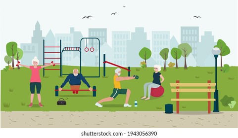 Maduro concepto activo familiar de un estilo de vida saludable, ocio en la jubilación, deportes en el parque de la ciudad.   Ilustración vectorial. Los ancianos con ropa deportiva hacen ejercicios.